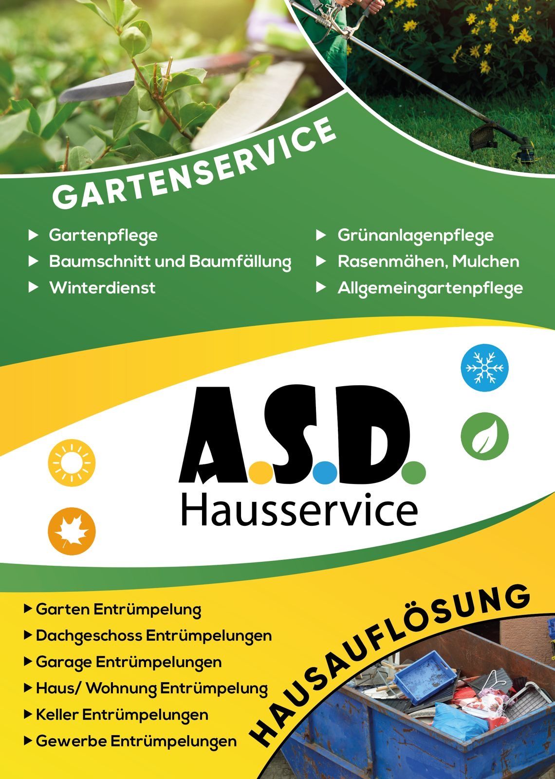 Gartenservice Flyer - Professionelle Gartenpflege, Baumschnitt und Winterdienst von ASD Hausservice in Drebber